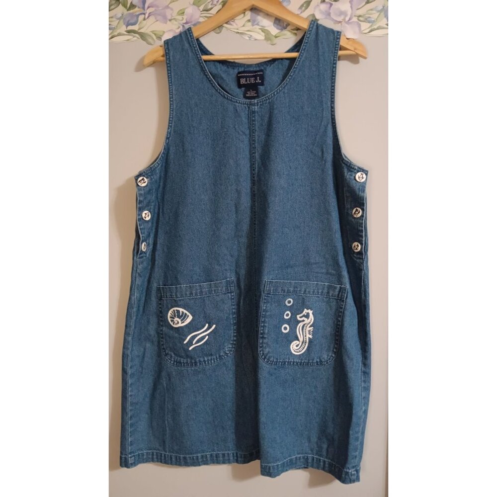 Blue J. Large Blue Denim Travel Beach Cruise Casual Midi Vacation Tropical Dress